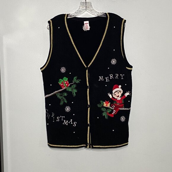 Holiday Time Sweaters - Womens XL Christmas Sweater Vest Holiday Time Black Merry Christmas Elf Design